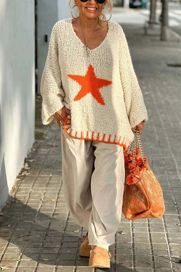 Signe® | Warm winter day texture knitted sweater with star pattern and contrast color