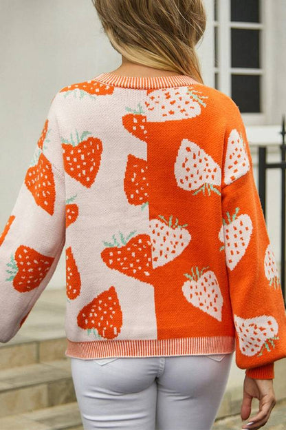 Paz® | Orange color block cardigan with strawberry print and V-neck