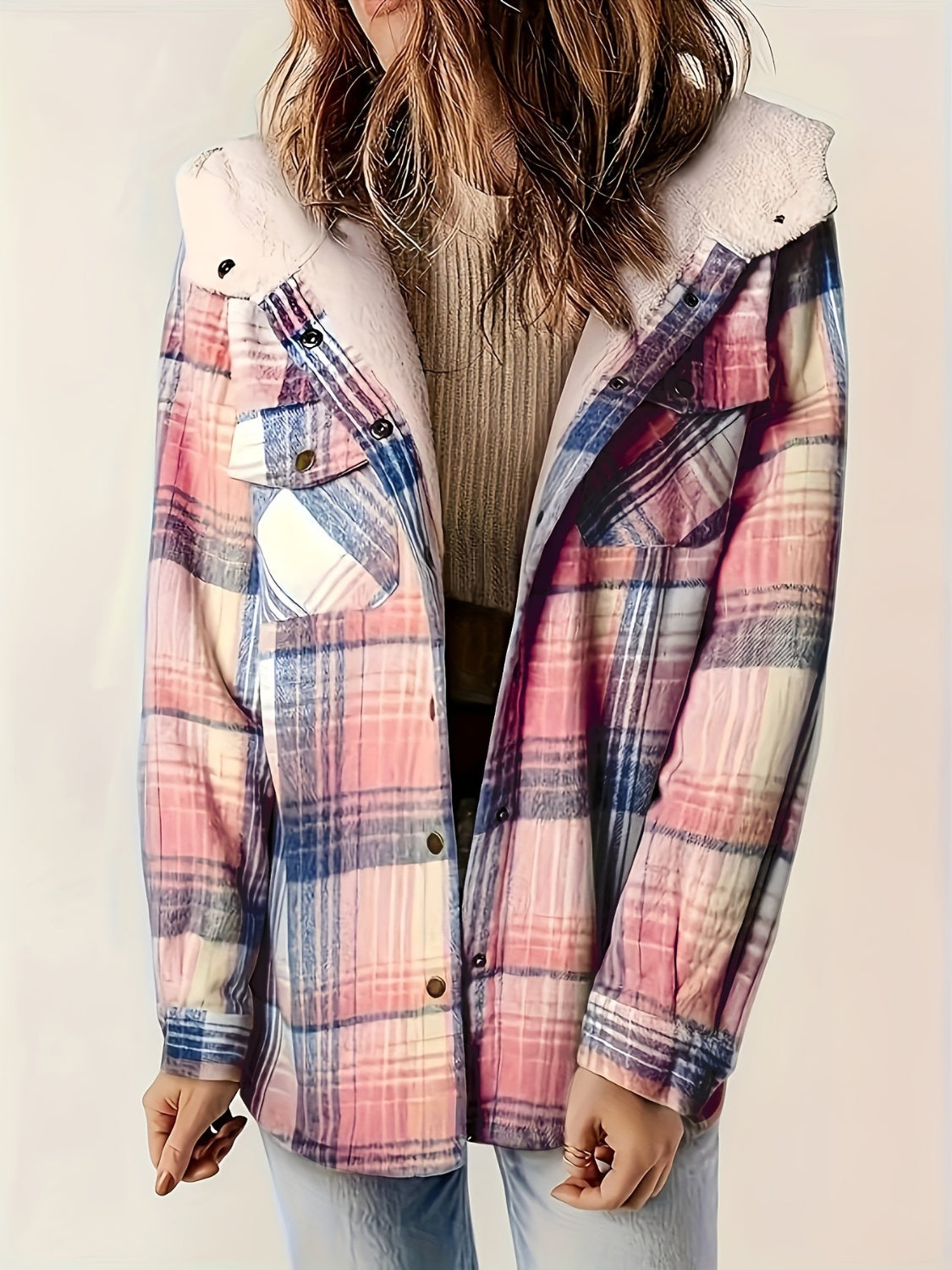 Wendy® | Checked, long-sleeved hooded outerwear with snap fasteners