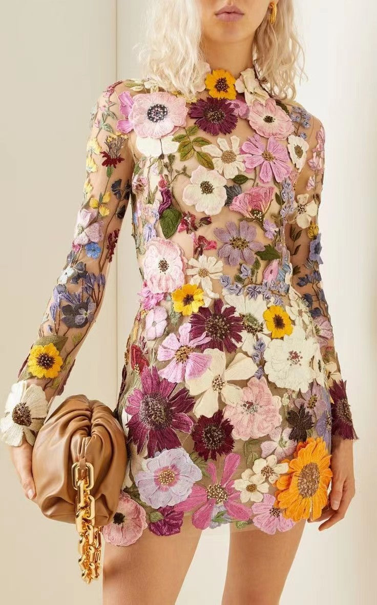 Quintina® | Short dress with embroidered flowers, long sleeves