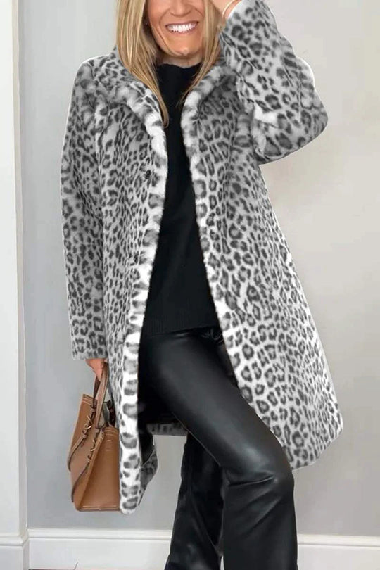 Abigail® | Long sleeve, mid-length plush coat with leopard print lapels