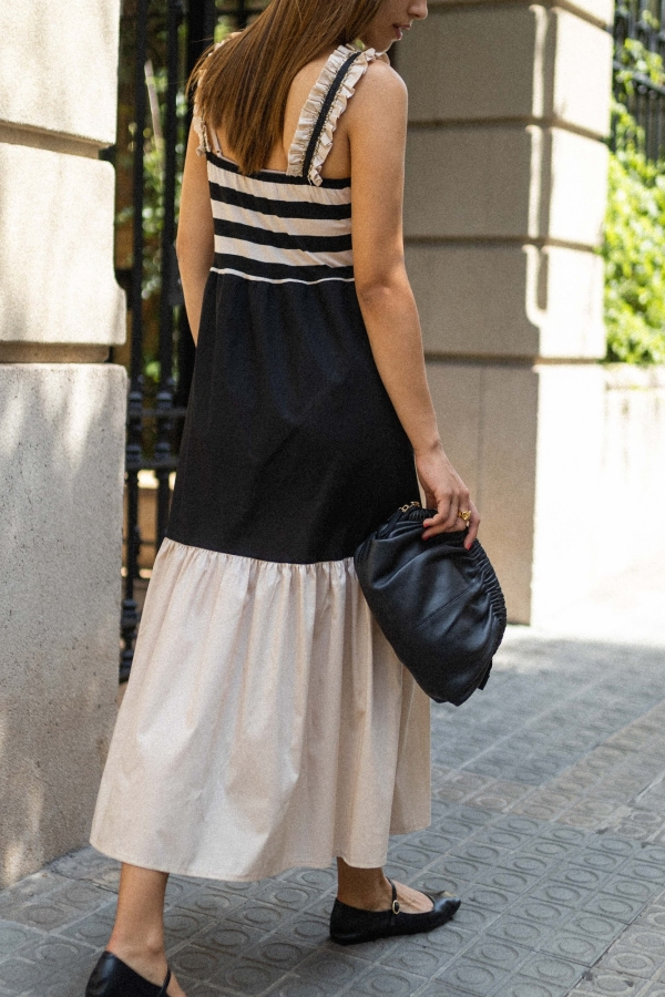 Willow® | Black and white striped, long suspender dress with contrasting seams