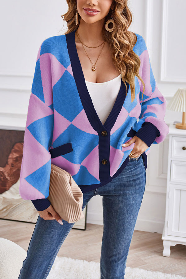 Verónica® | Casual loose V-neck geometric patchwork contrast cardigan