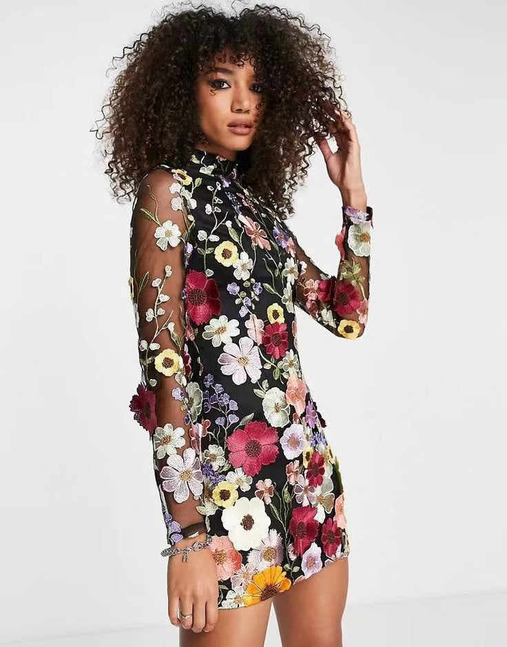 Quintina® | Short dress with embroidered flowers, long sleeves