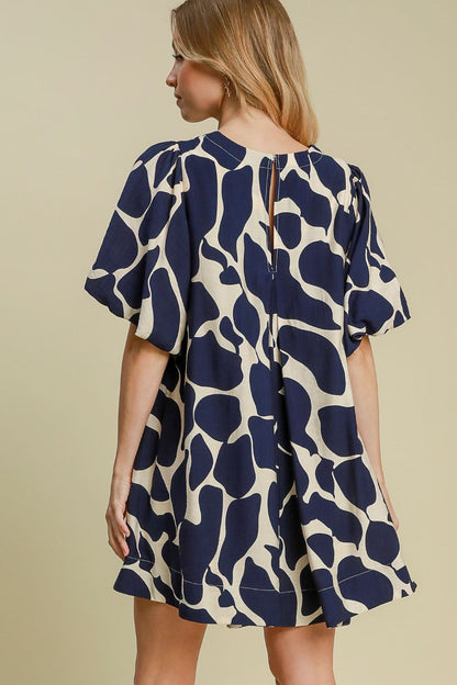 Zoraida® | Two-tone abstract print dress with puff sleeves