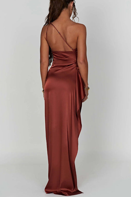 Pink® | Fits your curves. Satin maxi dress with draped shoulder and slit