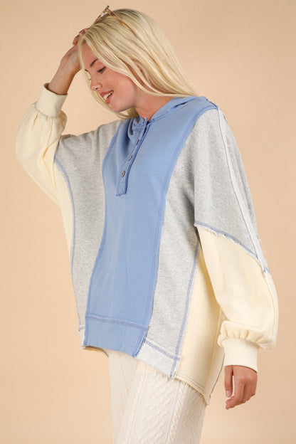 Pilar® | VERY J hoodie with exposed seams and color block half buttons