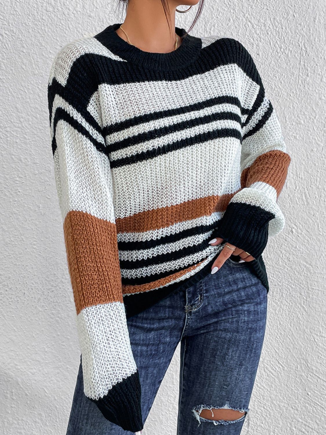 Nadine® | Contrasting striped long-sleeved sweater with a crew neck