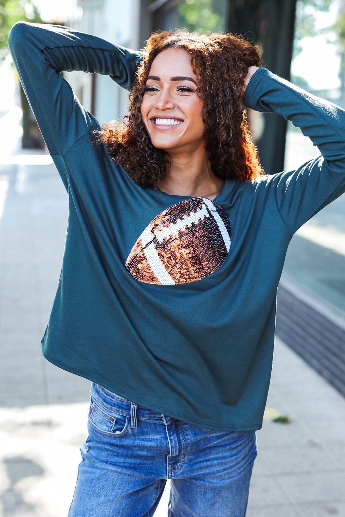 Tereza® | Game Day Forest Green Sequin Terry Top with Football Patch