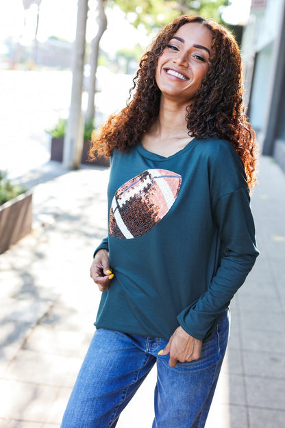 Tereza® | Game Day Forest Green Sequin Terry Top with Football Patch