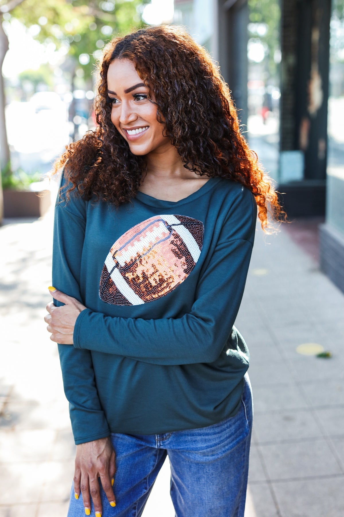 Tereza® | Game Day Forest Green Sequin Terry Top with Football Patch