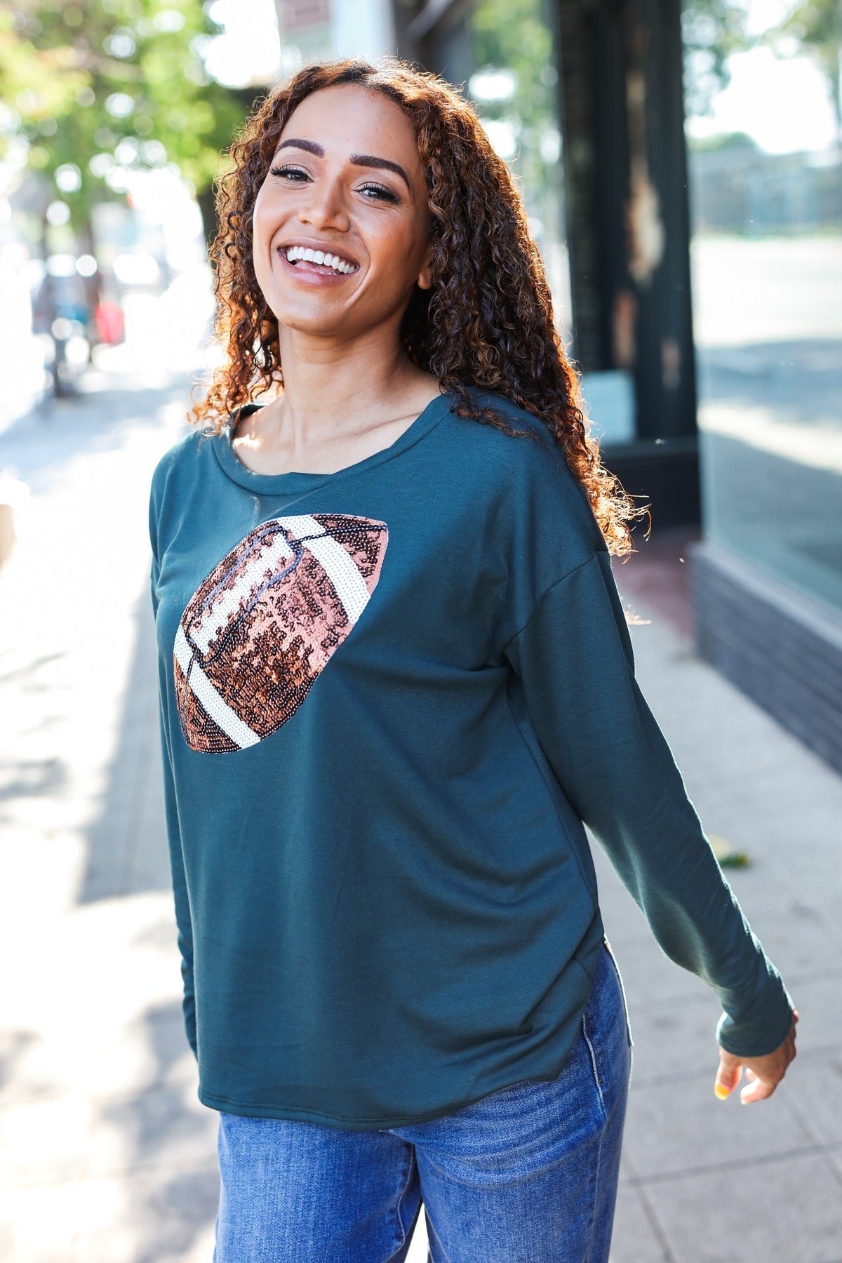 Tereza® | Game Day Forest Green Sequin Terry Top with Football Patch