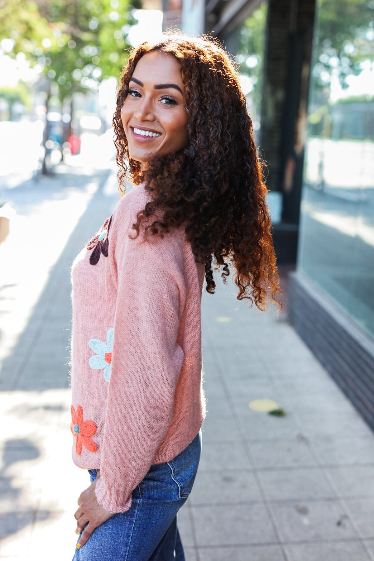 Tatjana® | Eyes On You oversized knit sweater with terracotta flower patch