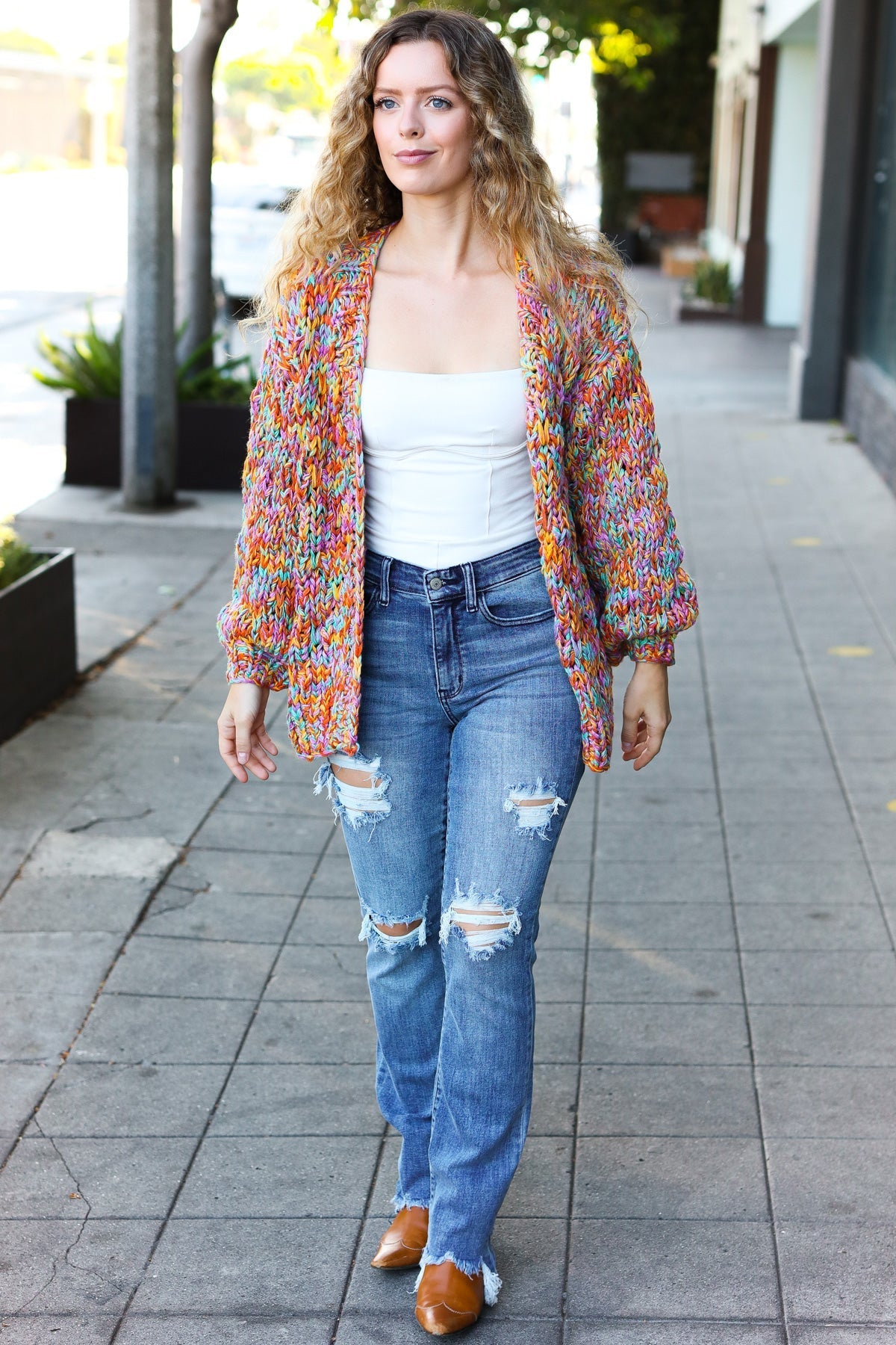 Susana® | Be your best openwork multi-colored chunky knit cardigan