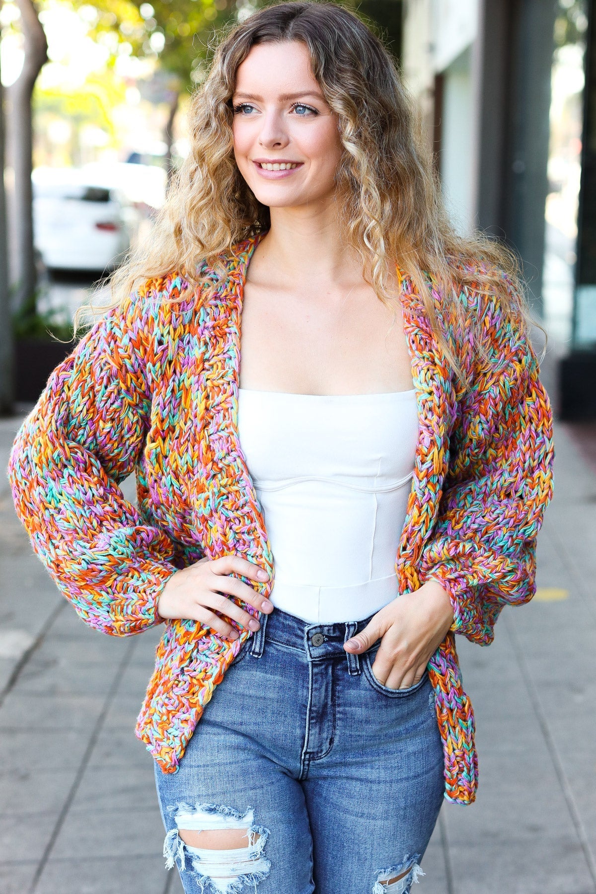 Susana® | Be your best openwork multi-colored chunky knit cardigan