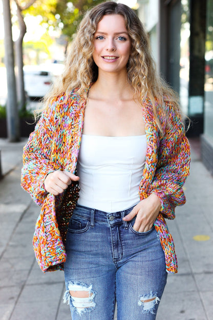 Susana® | Be your best openwork multi-colored chunky knit cardigan