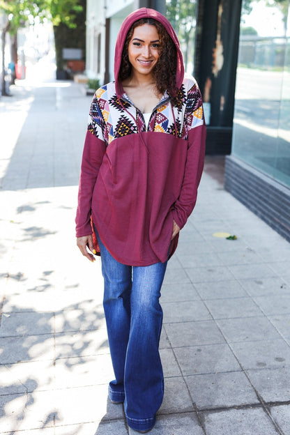 Solange® | Standout longline half zip hoodie with tribal print in burgundy