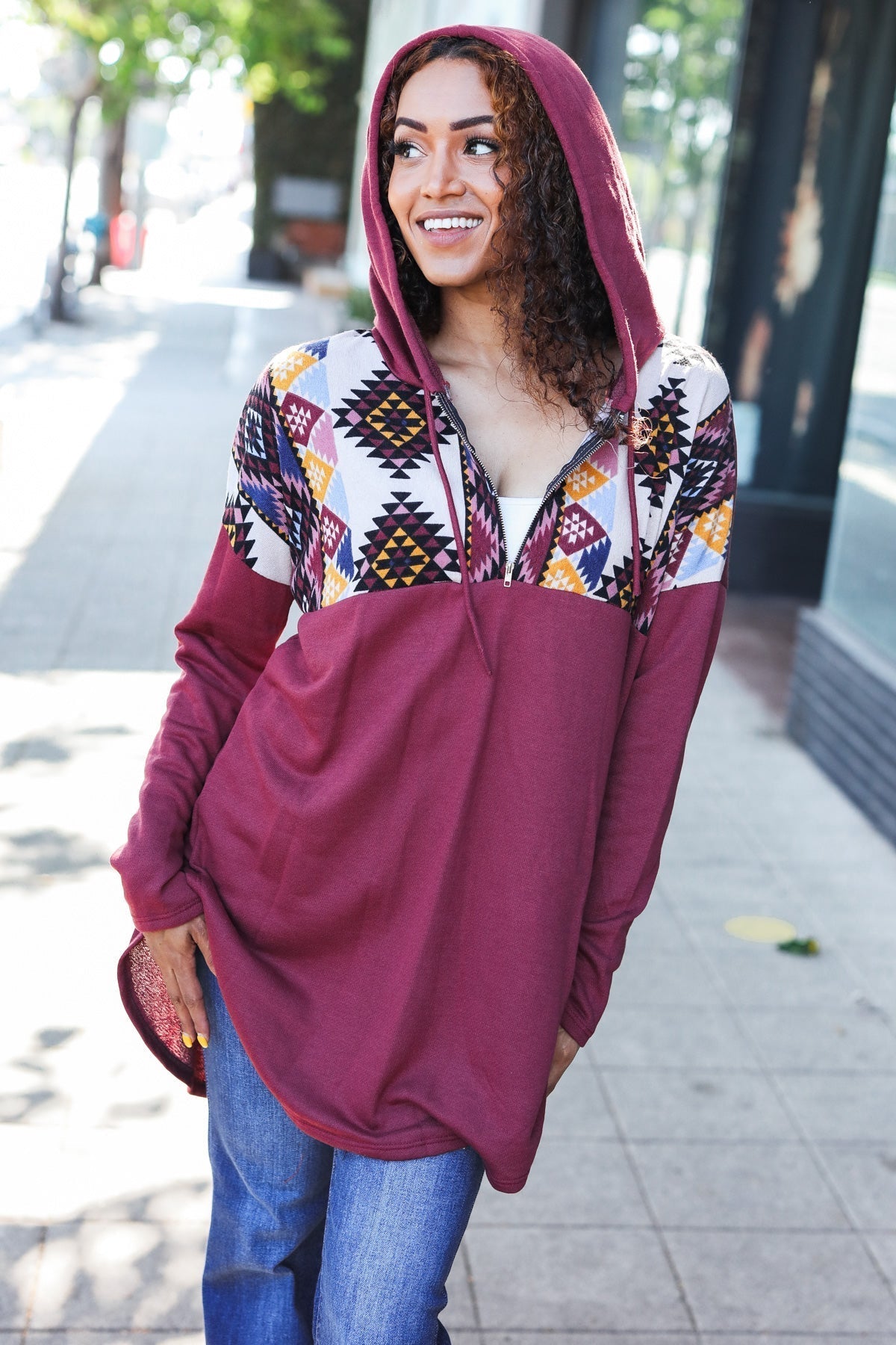 Solange® | Standout longline half zip hoodie with tribal print in burgundy