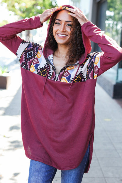 Solange® | Standout longline half zip hoodie with tribal print in burgundy