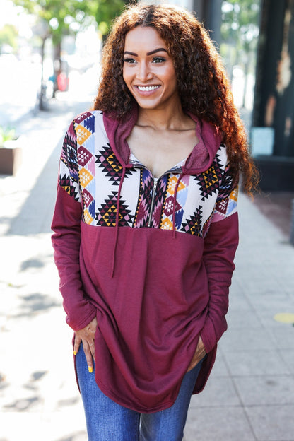 Solange® | Standout longline half zip hoodie with tribal print in burgundy