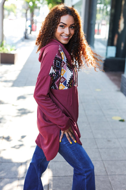 Solange® | Standout longline half zip hoodie with tribal print in burgundy