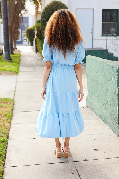 Zoe® | Aqua tiered ruffle maxi dress with notched neckline and ruched waist