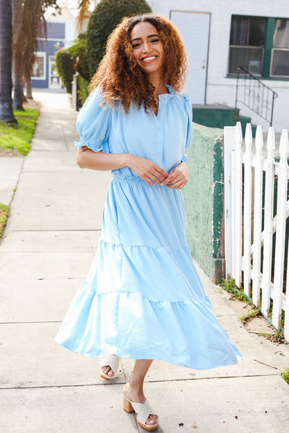 Zoe® | Aqua tiered ruffle maxi dress with notched neckline and ruched waist