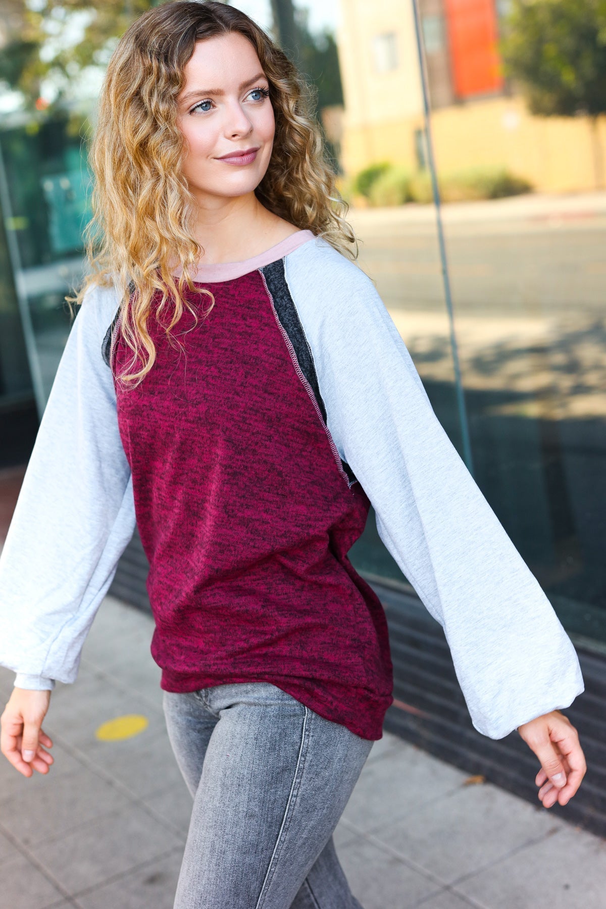 Sigrid® | Autumn Vibes color block raglan sweater in gray and burgundy