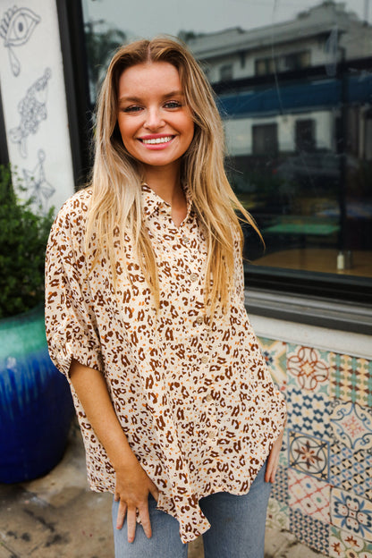 Rafaela® | Feeling Bold Beige button down top with animal print collar