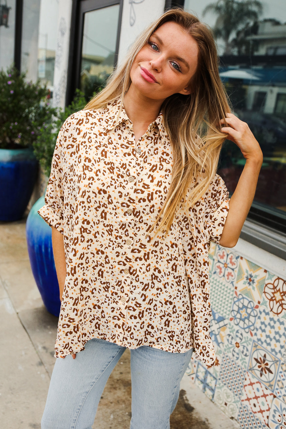 Rafaela® | Feeling Bold Beige button down top with animal print collar