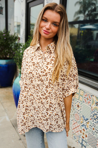 Rafaela® | Feeling Bold Beige button down top with animal print collar