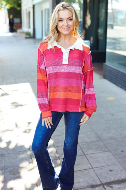 Vittoria® | Be Bold Magenta striped button down collar top