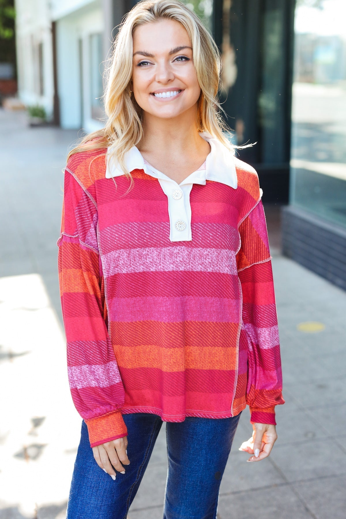 Vittoria® | Be Bold Magenta striped button down collar top