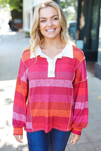 Vittoria® | Be Bold Magenta striped button down collar top