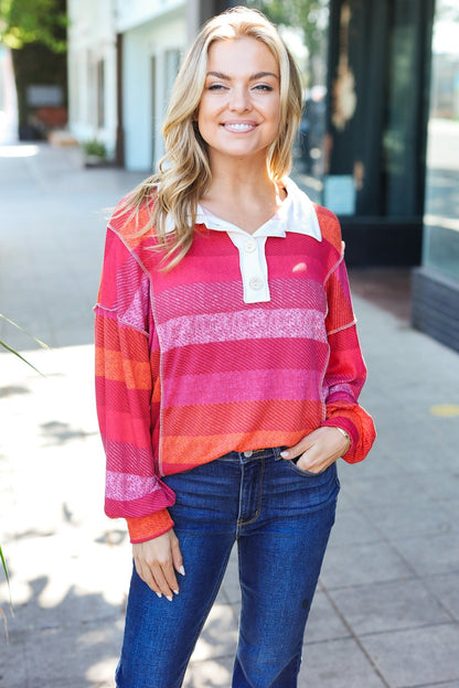 Vittoria® | Be Bold Magenta striped button down collar top