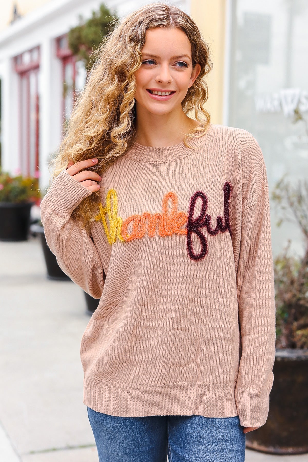 Aida® | Feeling Thankful pop-up sweater with sparkly embroidery in taupe