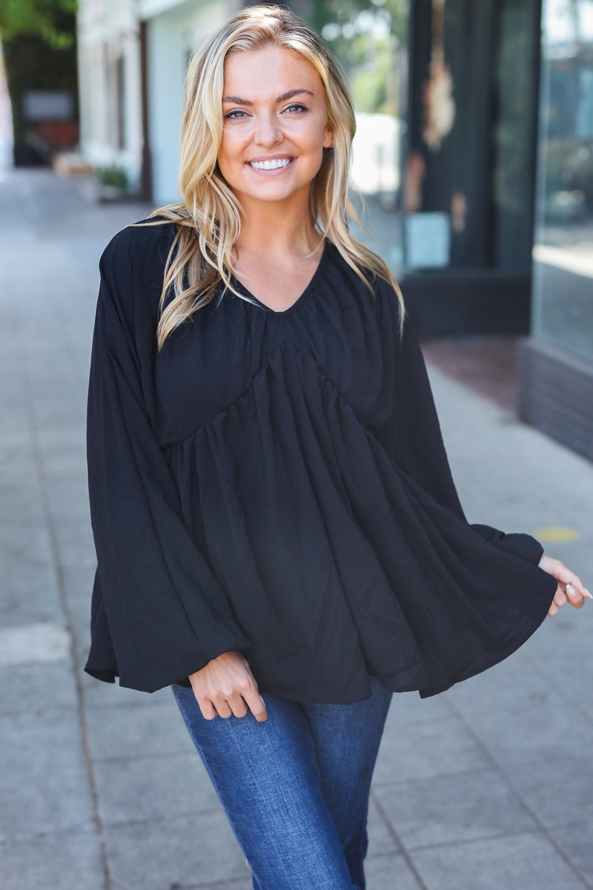 Alessa® | Black plain woven V-neck babydoll top