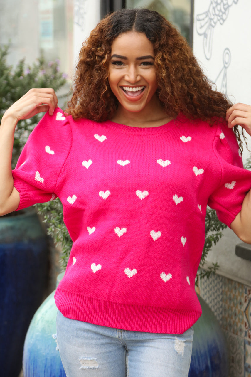 Zenaida® | Pink and white heart shaped oversized jacquard sweater