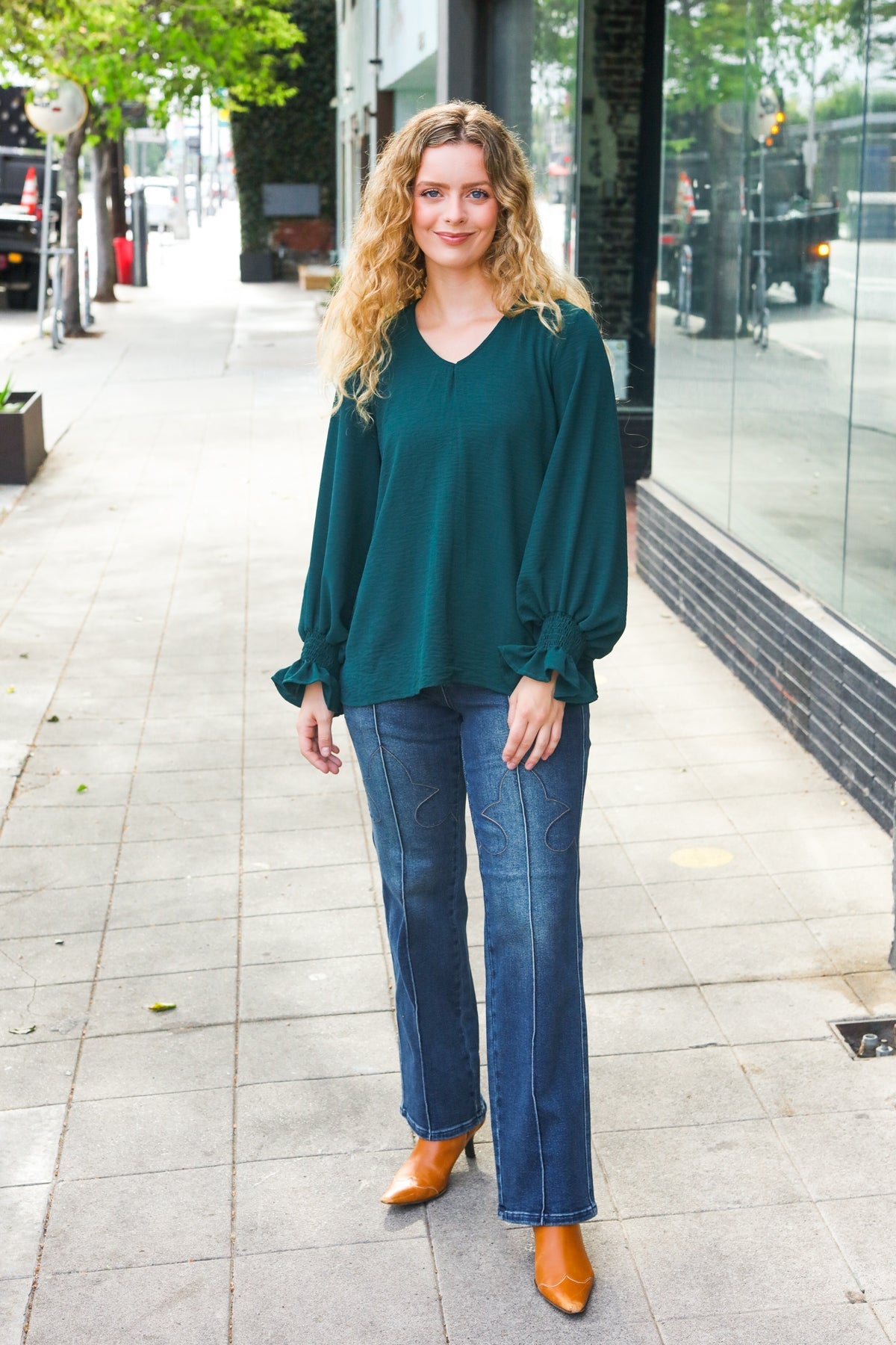 Nadine® | Hello beautiful hunter green smocked woven top with bubble sleeves