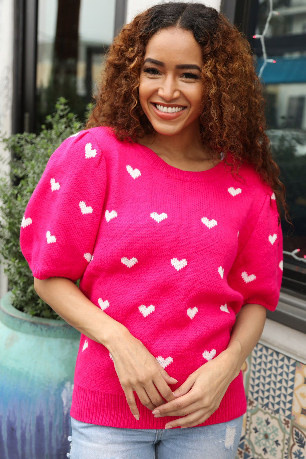 Zenaida® | Pink and white heart shaped oversized jacquard sweater