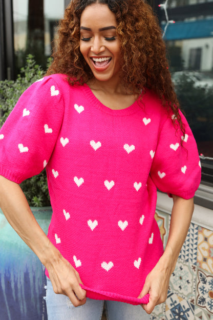 Zenaida® | Pink and white heart shaped oversized jacquard sweater