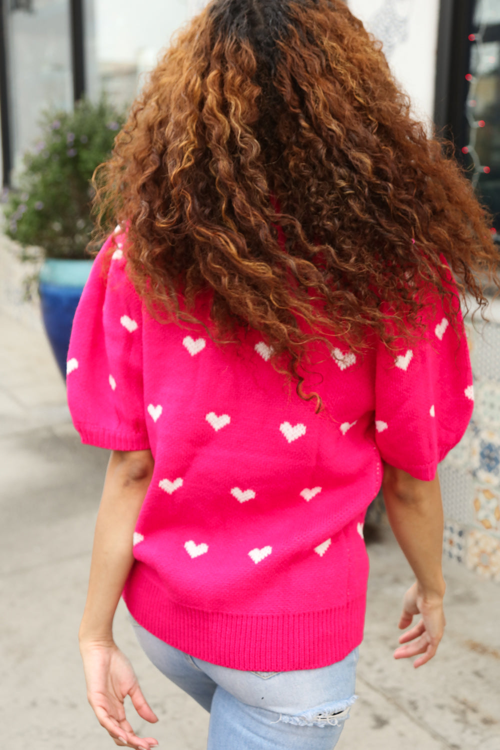 Zenaida® | Pink and white heart shaped oversized jacquard sweater