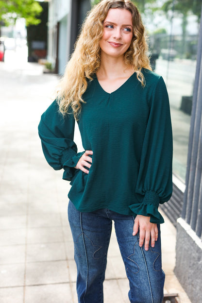 Nadine® | Hello beautiful hunter green smocked woven top with bubble sleeves