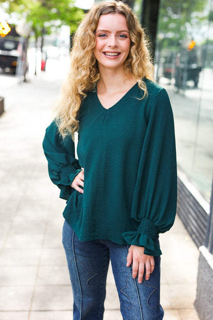 Nadine® | Hello beautiful hunter green smocked woven top with bubble sleeves