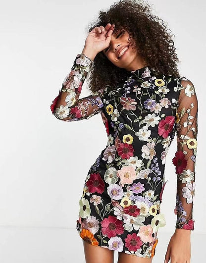 Quintina® | Short dress with embroidered flowers, long sleeves