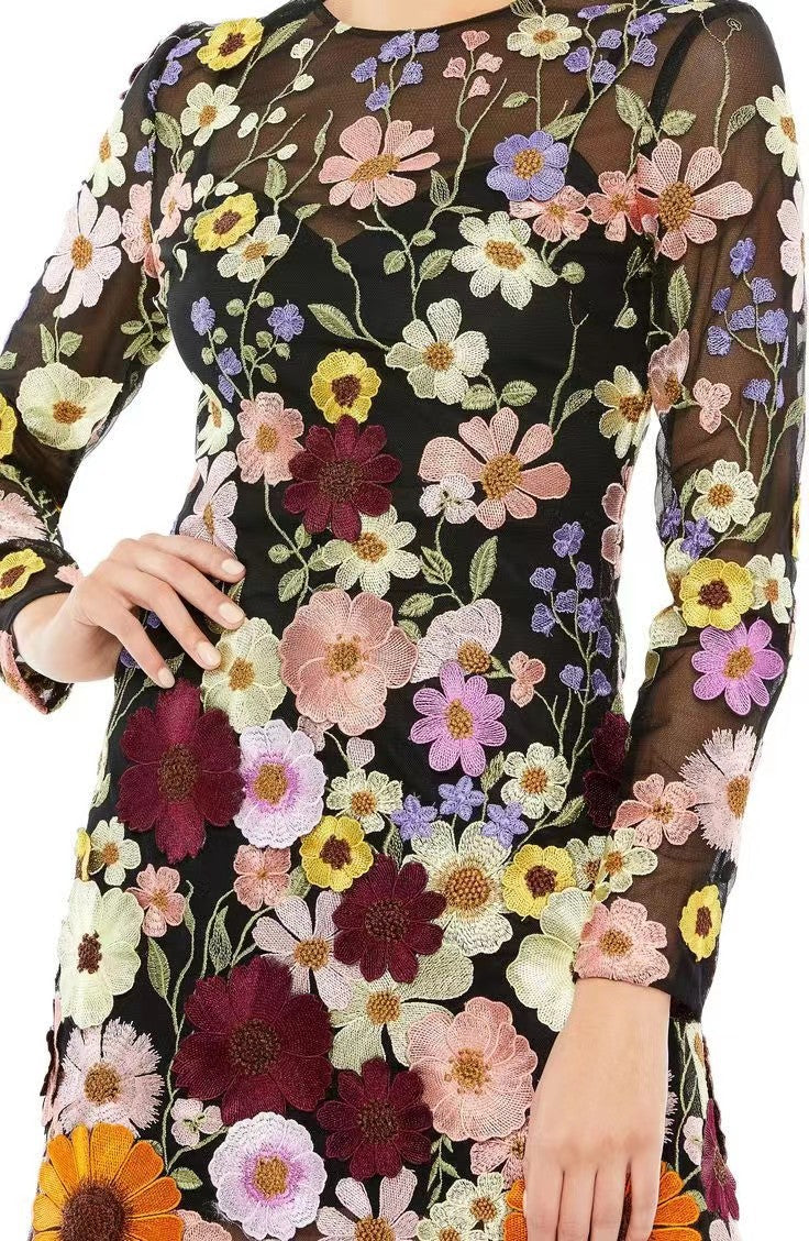 Quintina® | Short dress with embroidered flowers, long sleeves