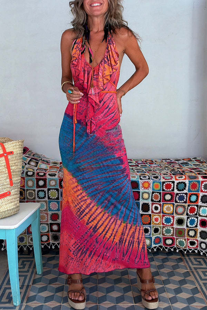 Verity® | Backless stretch maxi dress with tie-dye print, ruffle neck, halter neck and lace-up fastening