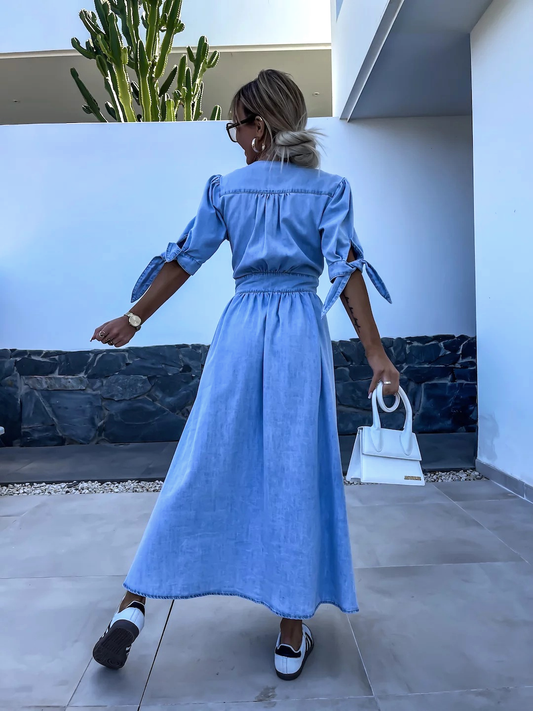 Nadia® | Long chambray dress with front slit