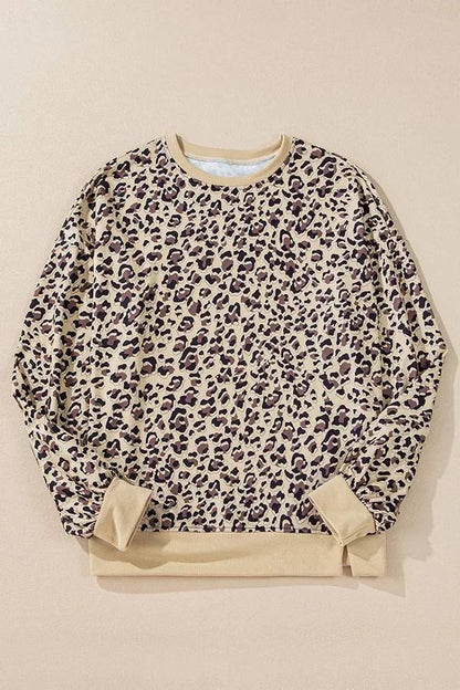 Persephone® | Patchwork leopard print long sleeve crew neck sweatshirt. Casual, loose sweatshirt