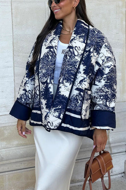 Yamel® | Romantic Songs porcelain ink print quilted cotton kimono jacket with pocket